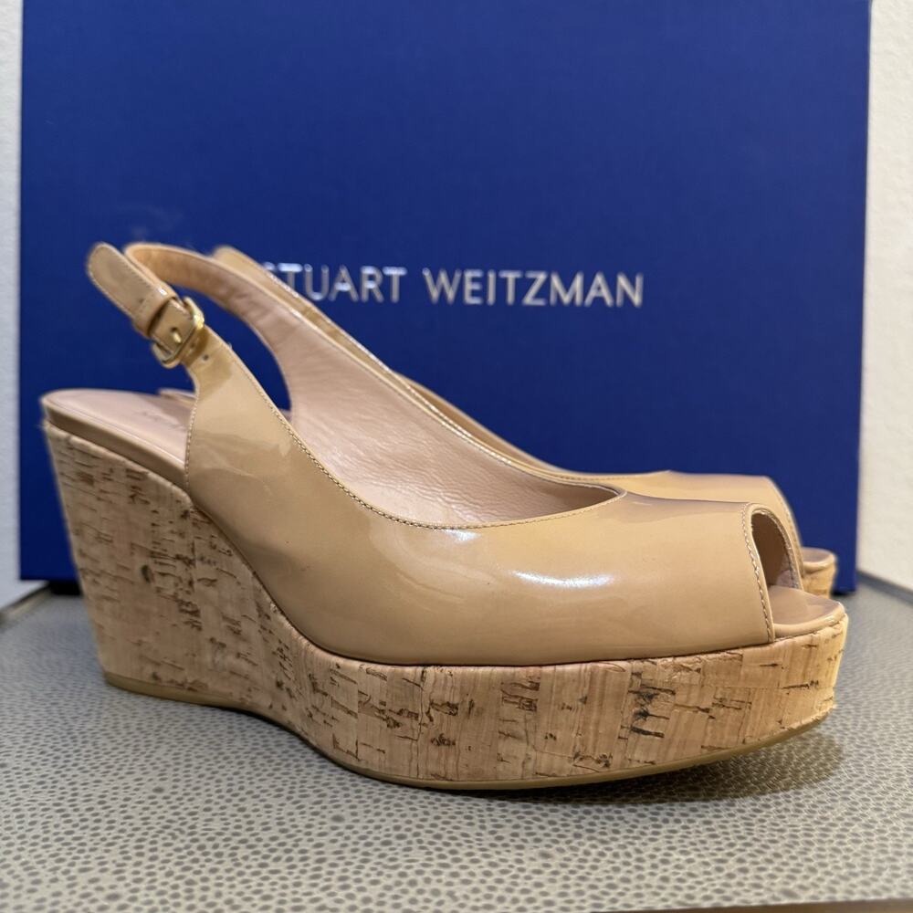 STUART WEITZMAN AUTH $399 Women Beige Patent Leather Jean Wedge Sandals Size 9 M
